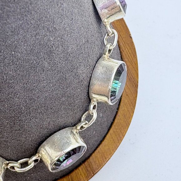 VTG sterling Silver 925 Mystic Topaz Tennis Bracelet Oval Bezel Set 7.5 - 8.25" - Picture 3 of 12